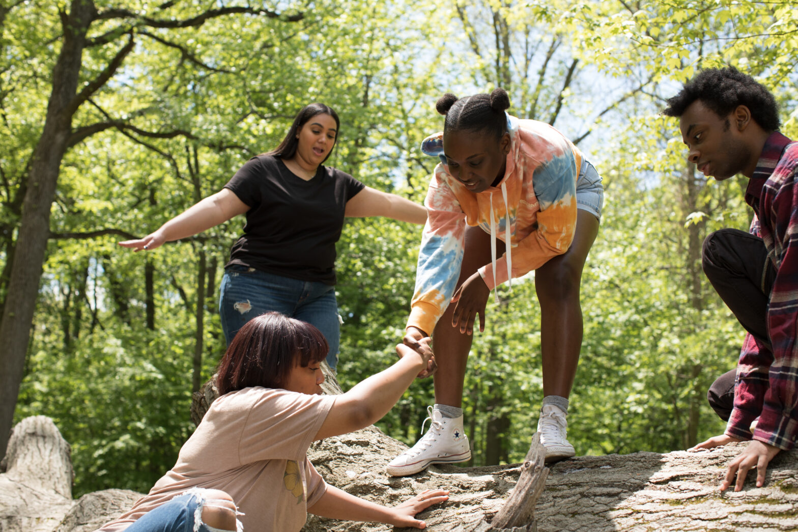 People in a wood climbing over a log