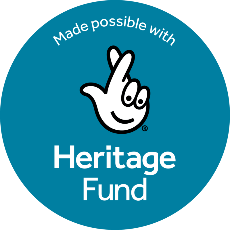 National Lottery Heritage Fund logo a teal circle with Made possible with Heritage Fund and the crossed fingers logo in the middle