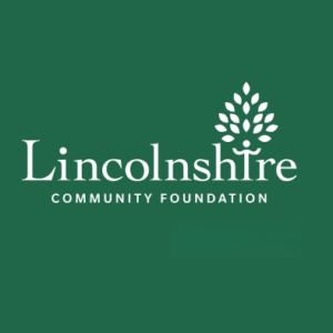 Lincolnshire Community Foundation logo, white writing on a green background