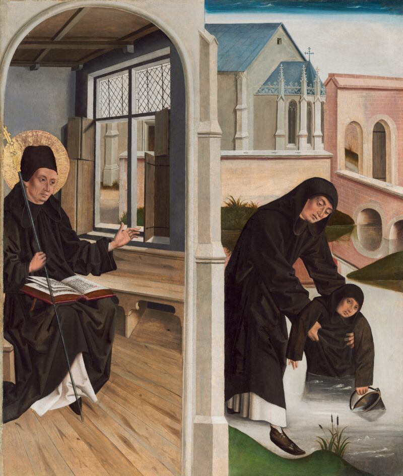 French 15th Century Painting of A Miracle of Saint Benedict, c. 1480. St Benedict is holding a book with a halo around his head. The right side of the picture shows St Benedict saving a monk named Placidus from drowning