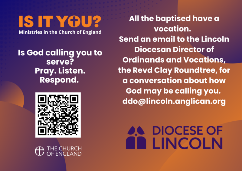 a vocational poster with a QR code with contact details to ddo@lincoln.anglican.org